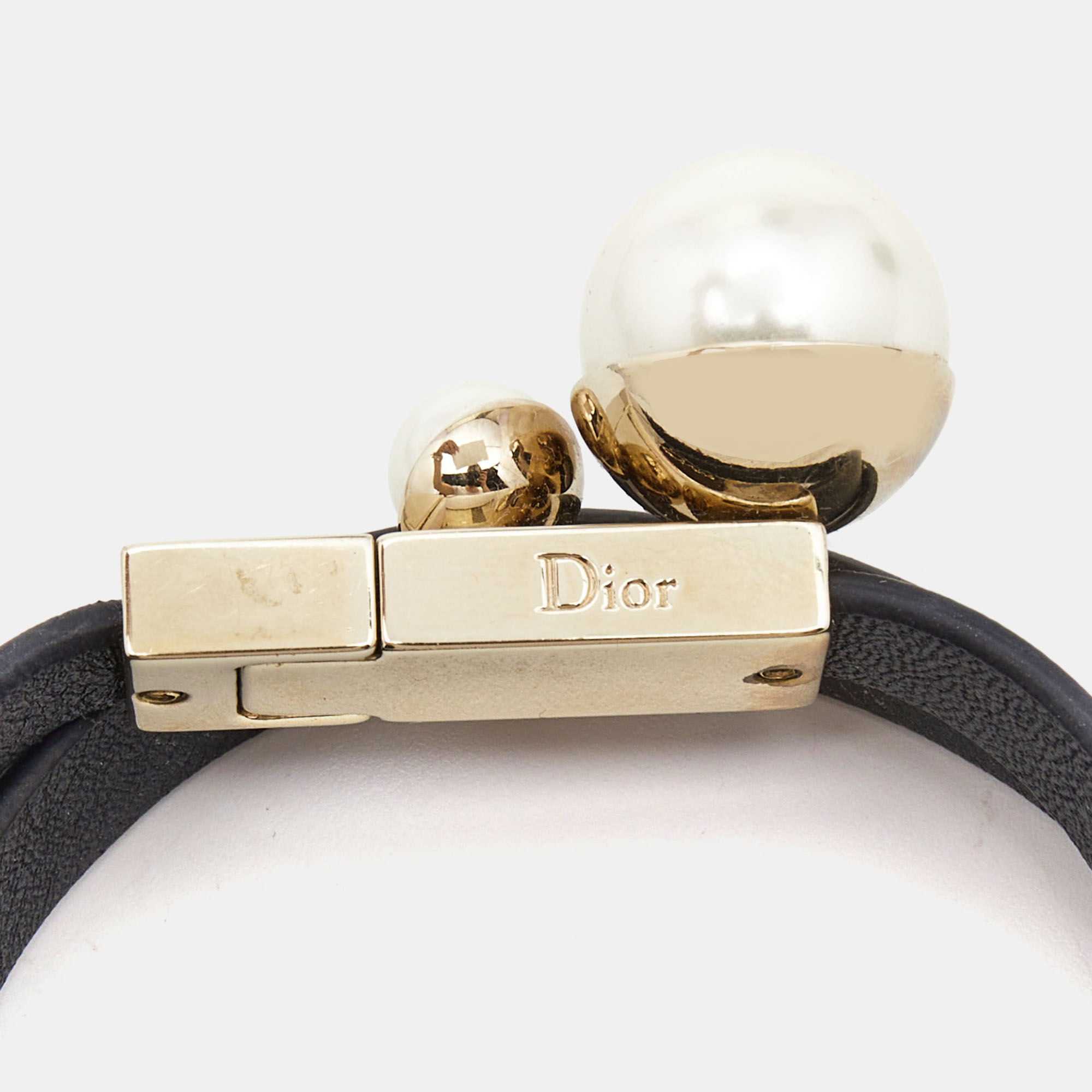 Dior Mise En Dior Leather Faux Pearl Gold Tone Double Wrap Bracelet