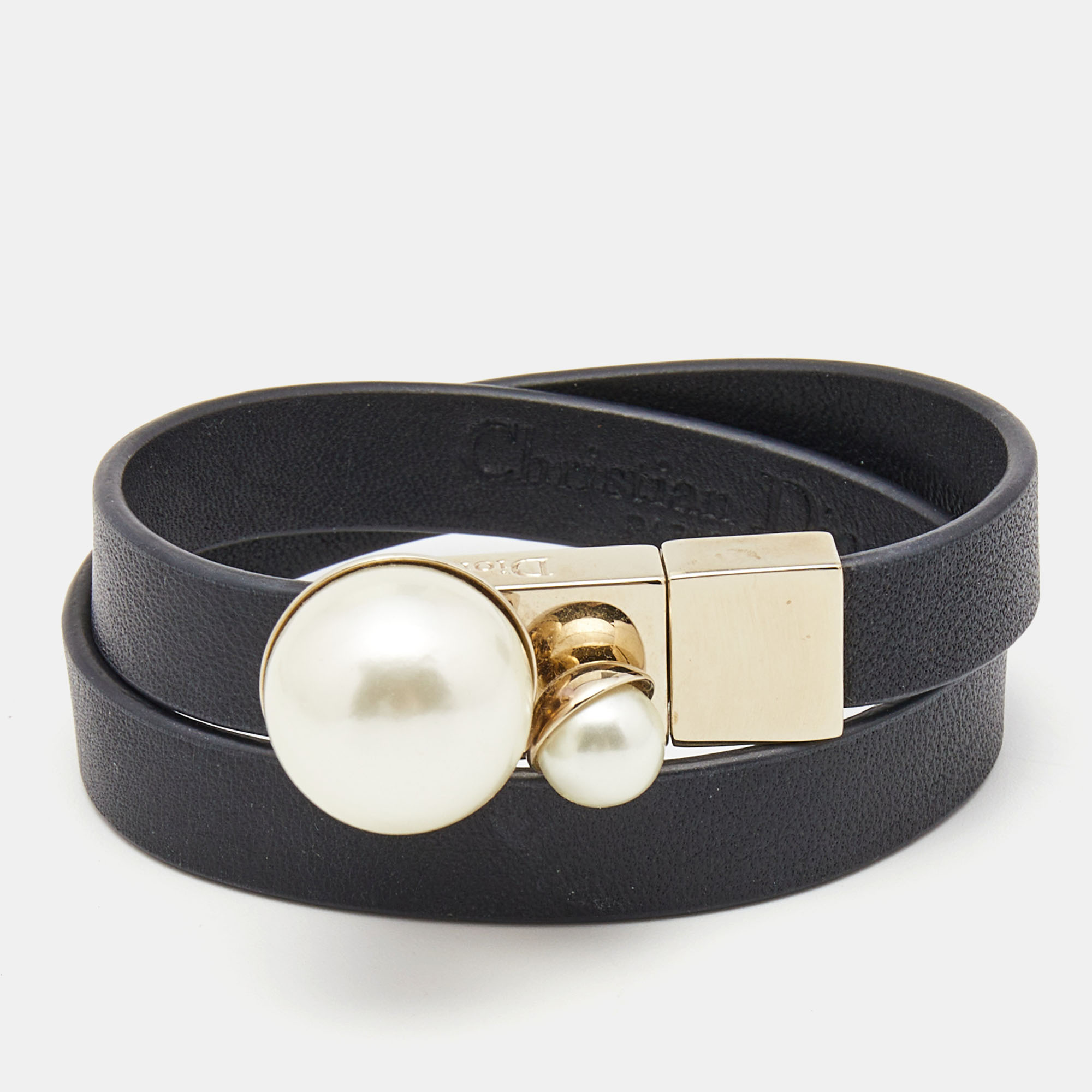 Dior Mise En Dior Leather Faux Pearl Gold Tone Double Wrap Bracelet