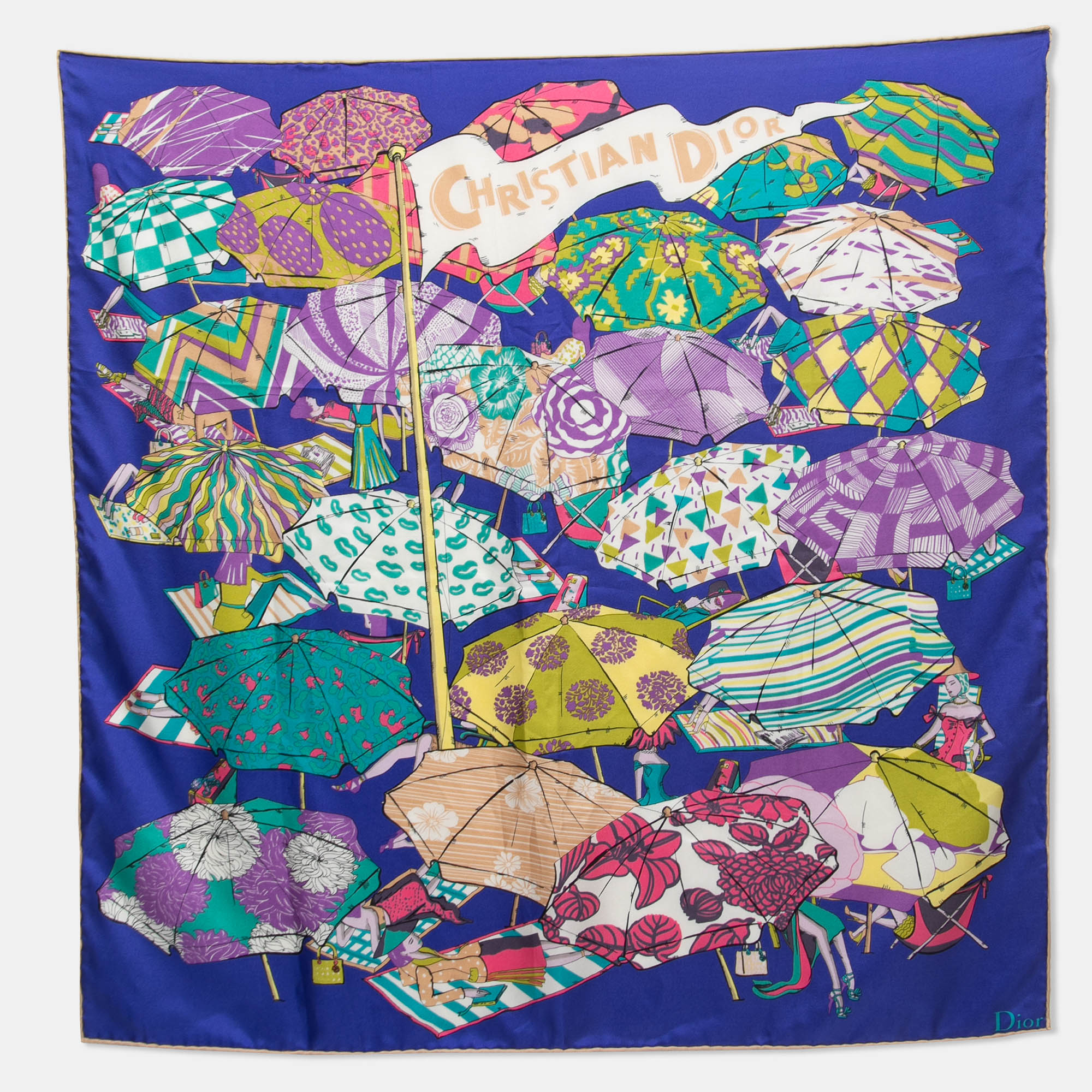 Dior Royal Blue Beach Umbrella Print Silk Scarf