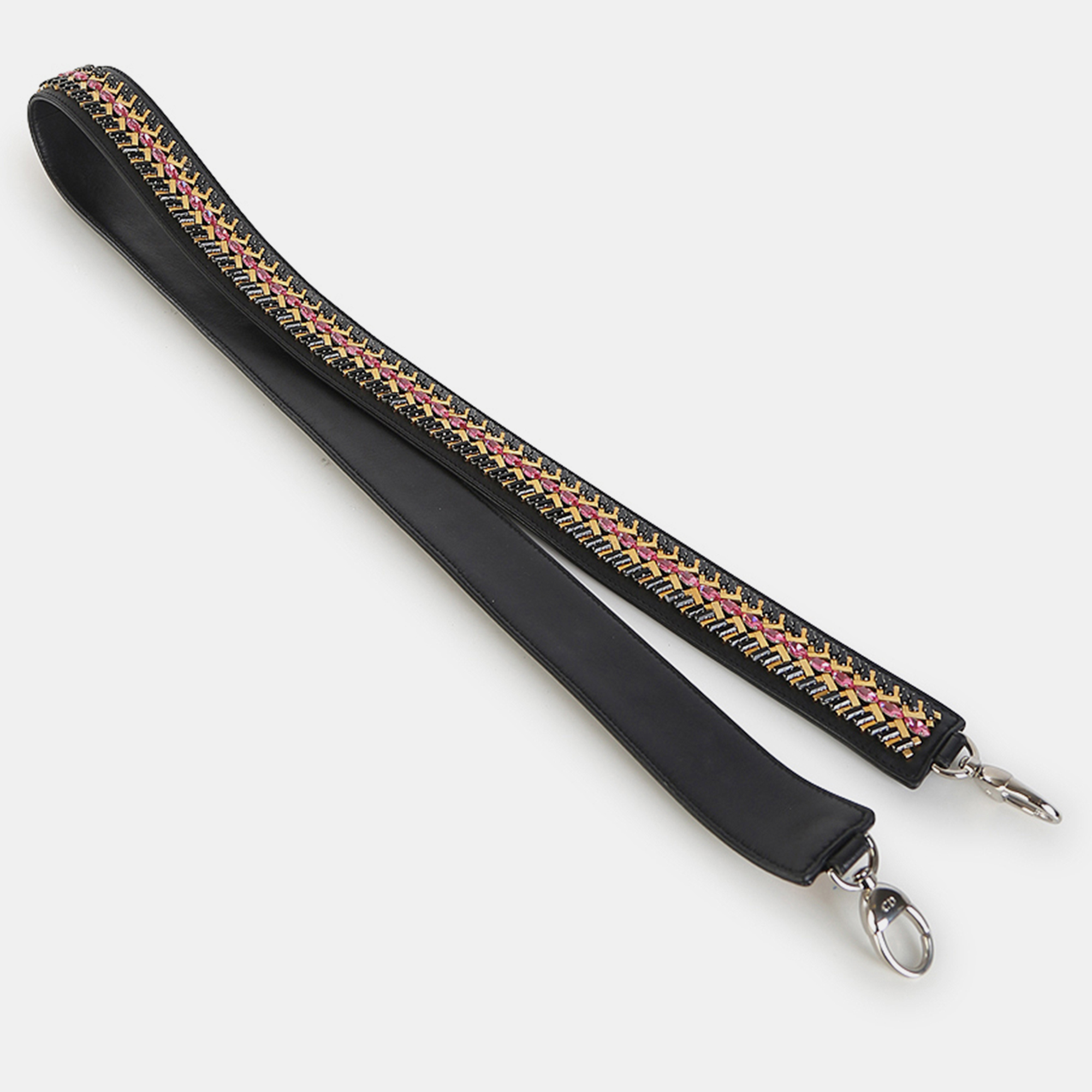 Christian Dior Black Leather And Multicolor Embellished Crystal Beads Shoulder Strap