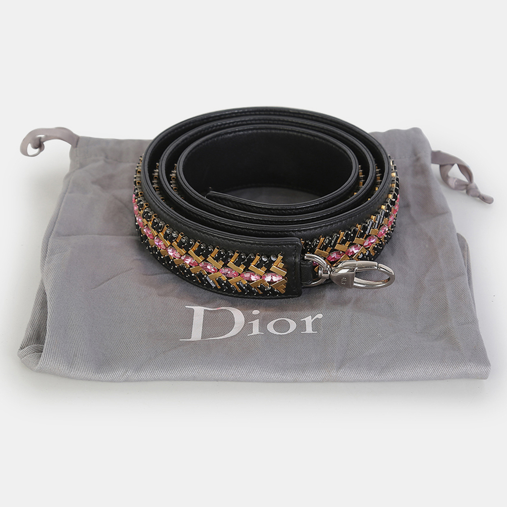 Christian Dior Black Leather And Multicolor Embellished Crystal Beads Shoulder Strap