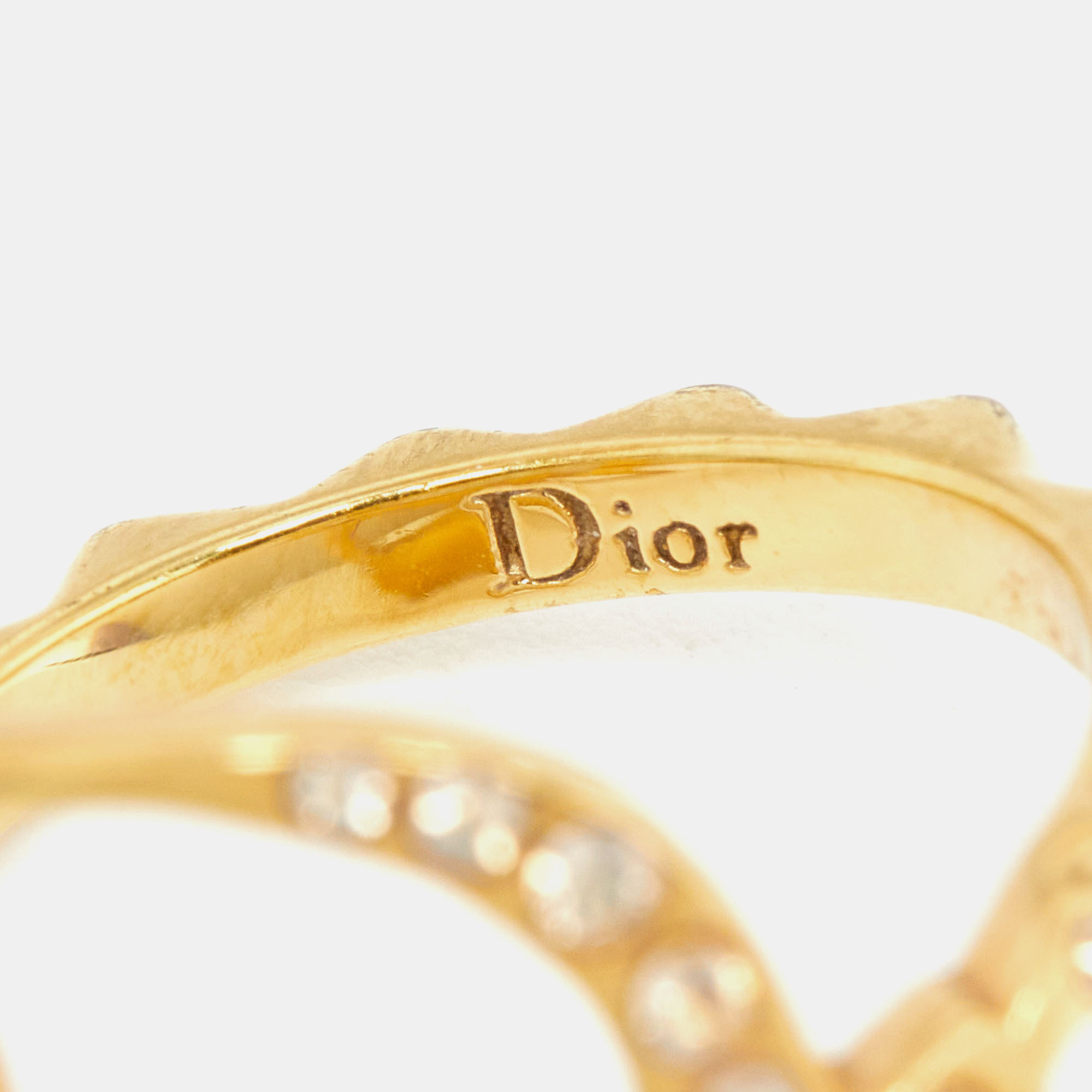 Dior Gold Tone Crystal Studded Oblique Ring Size 50