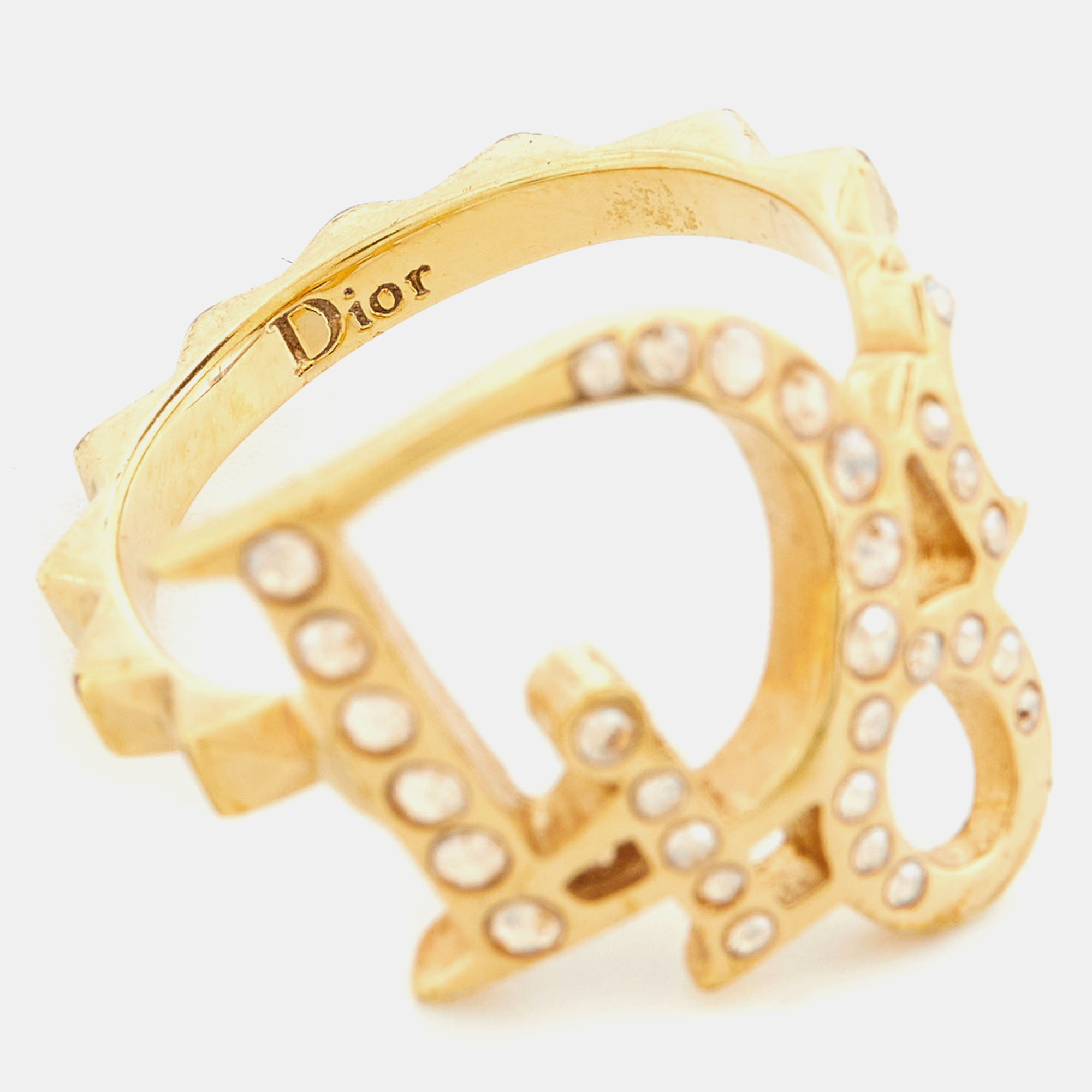 Dior Gold Tone Crystal Studded Oblique Ring Size 50