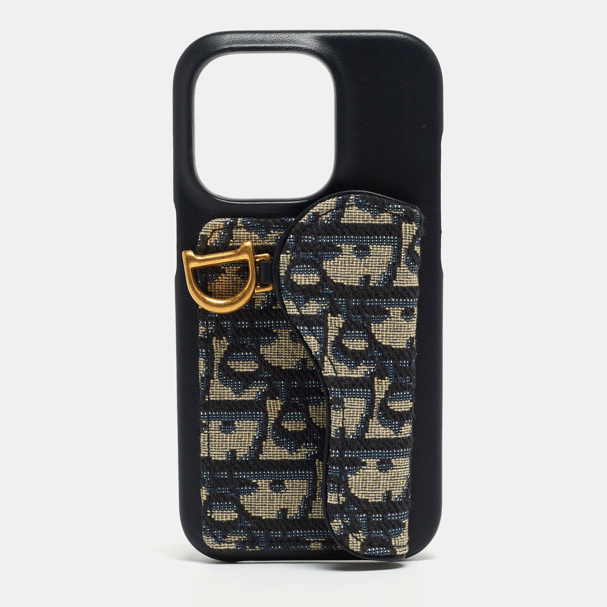 Dior Navy Blue/Beige Oblique Jacquard And Leather Saddle IPhone 14 Pro Case