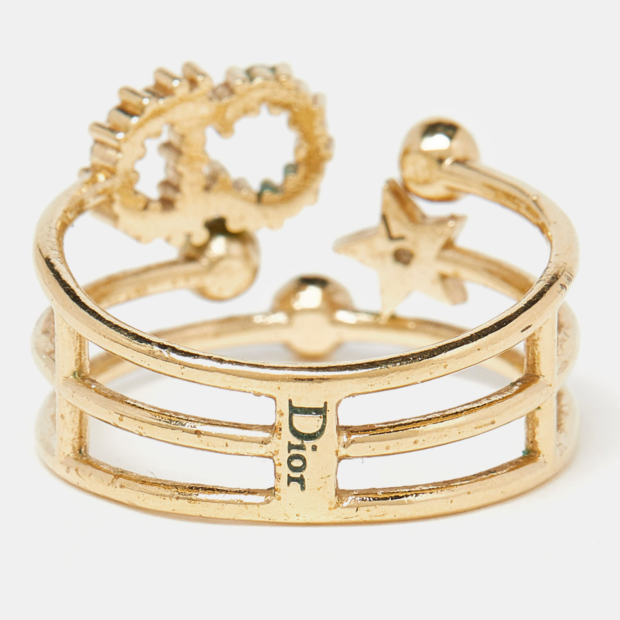 Dior CD Crystals Gold Tone Metal Ring Size 54