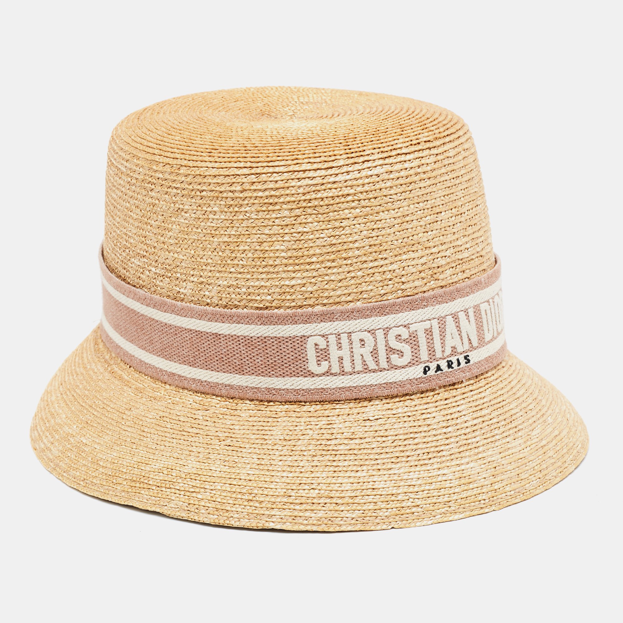 Christian Dior Beige/Pink Straw Logo Band Detail Dioresort Hat Size 57