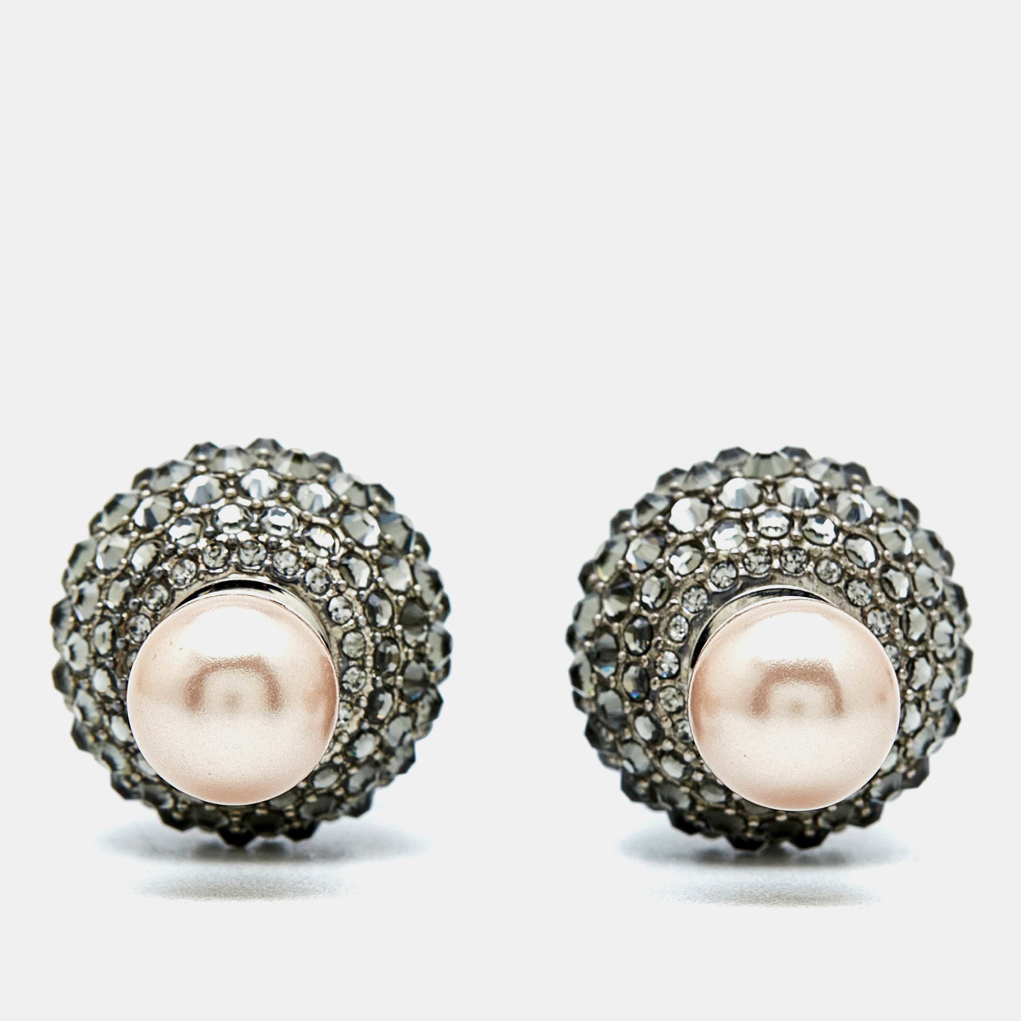 Dior Tribales Crystals Faux Pearl Silver Tone Earrings