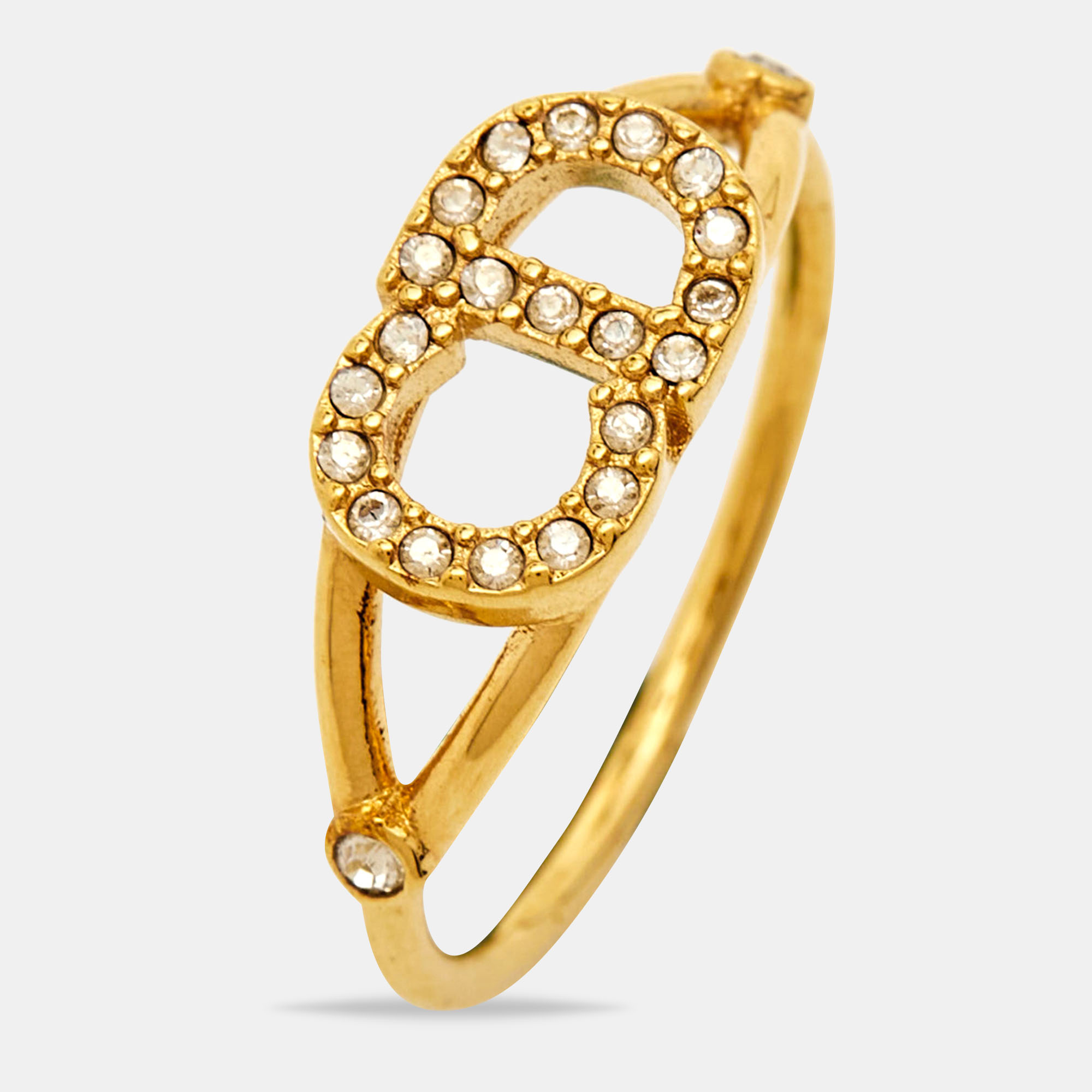 Dior Clair D Lune CD Crystal Gold Tone Ring Size 53