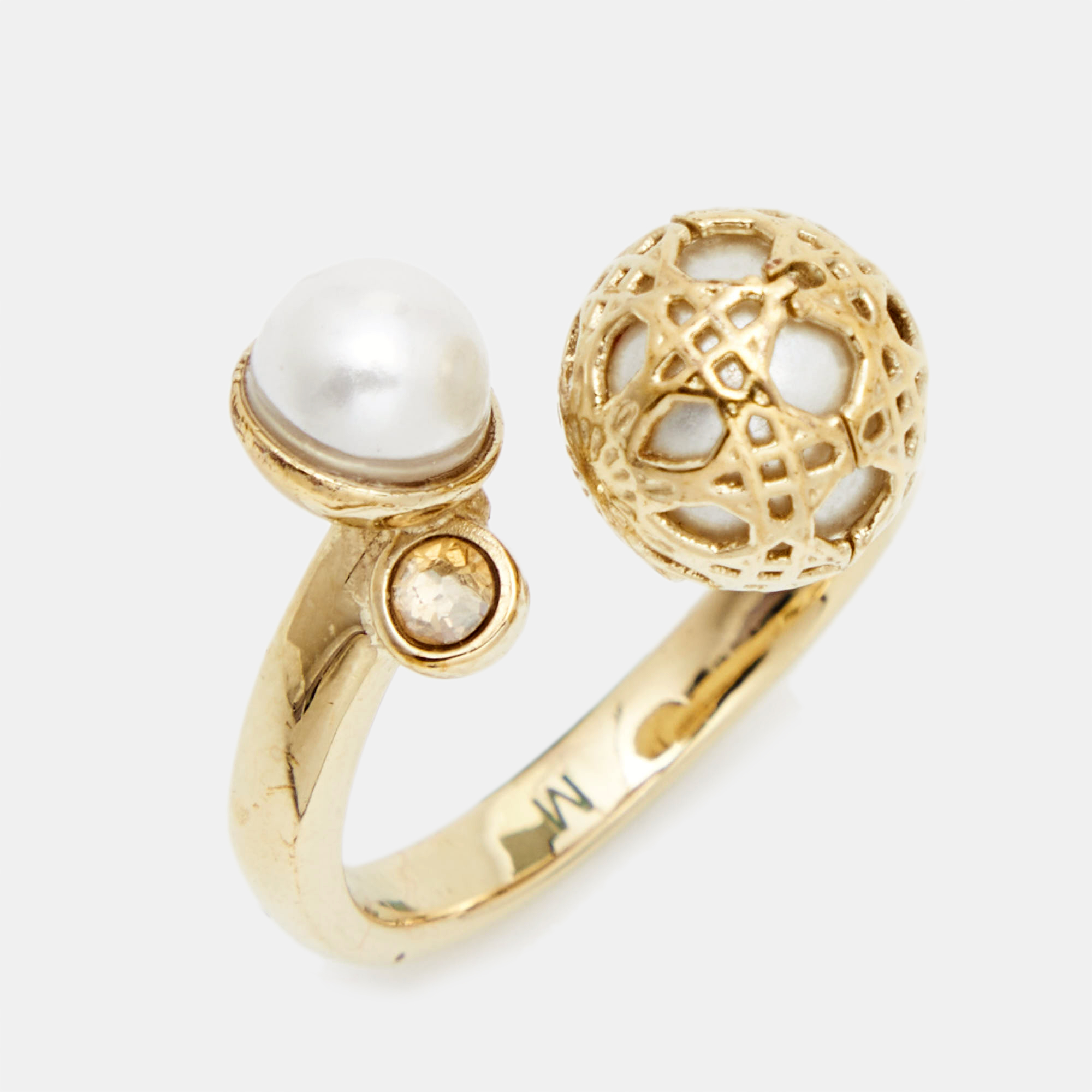 Dior Secret Cannage Faux Pearl Crystal Gold Tone Open Ring Size 53