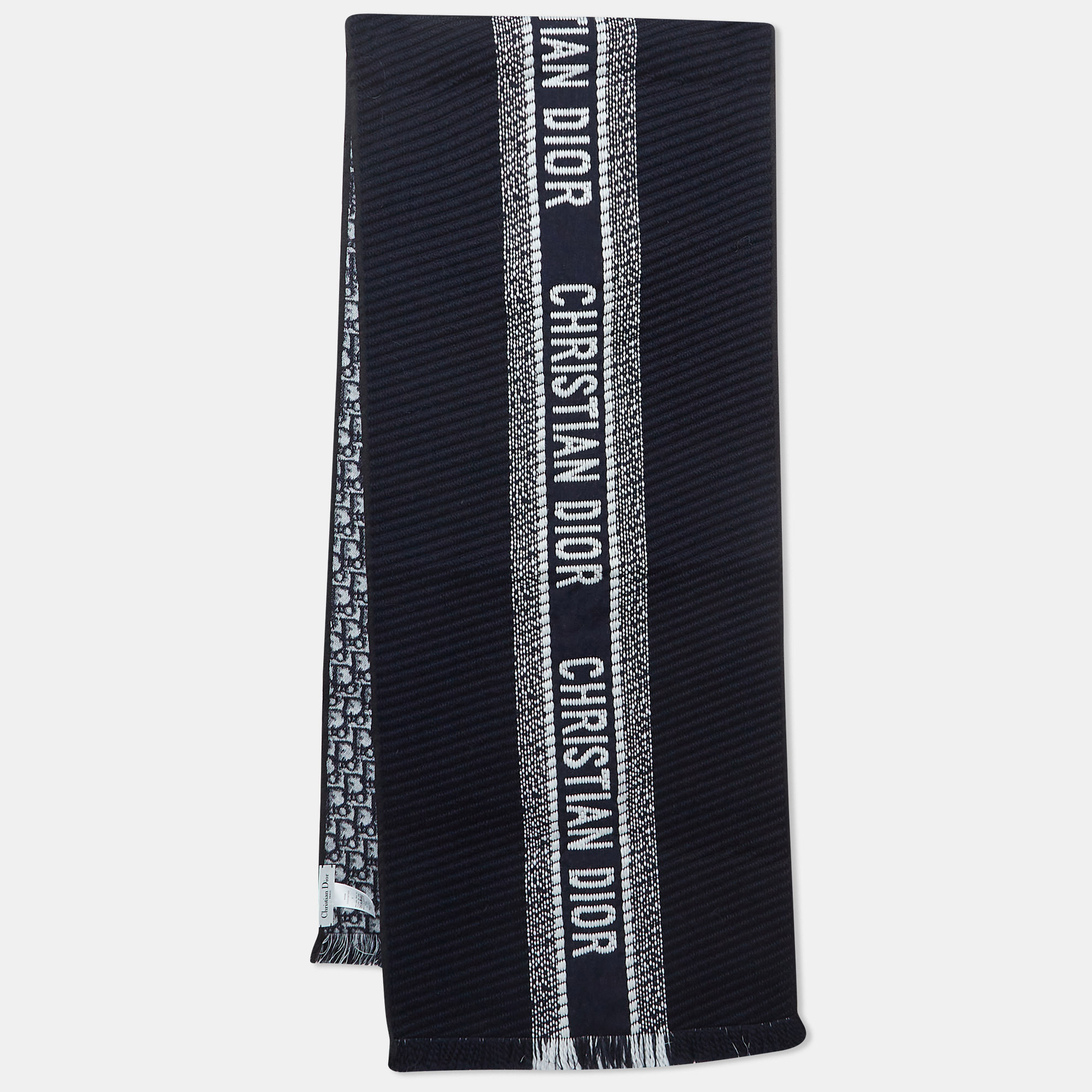 Dior navy blue oblique university wool & silk reversible scarf