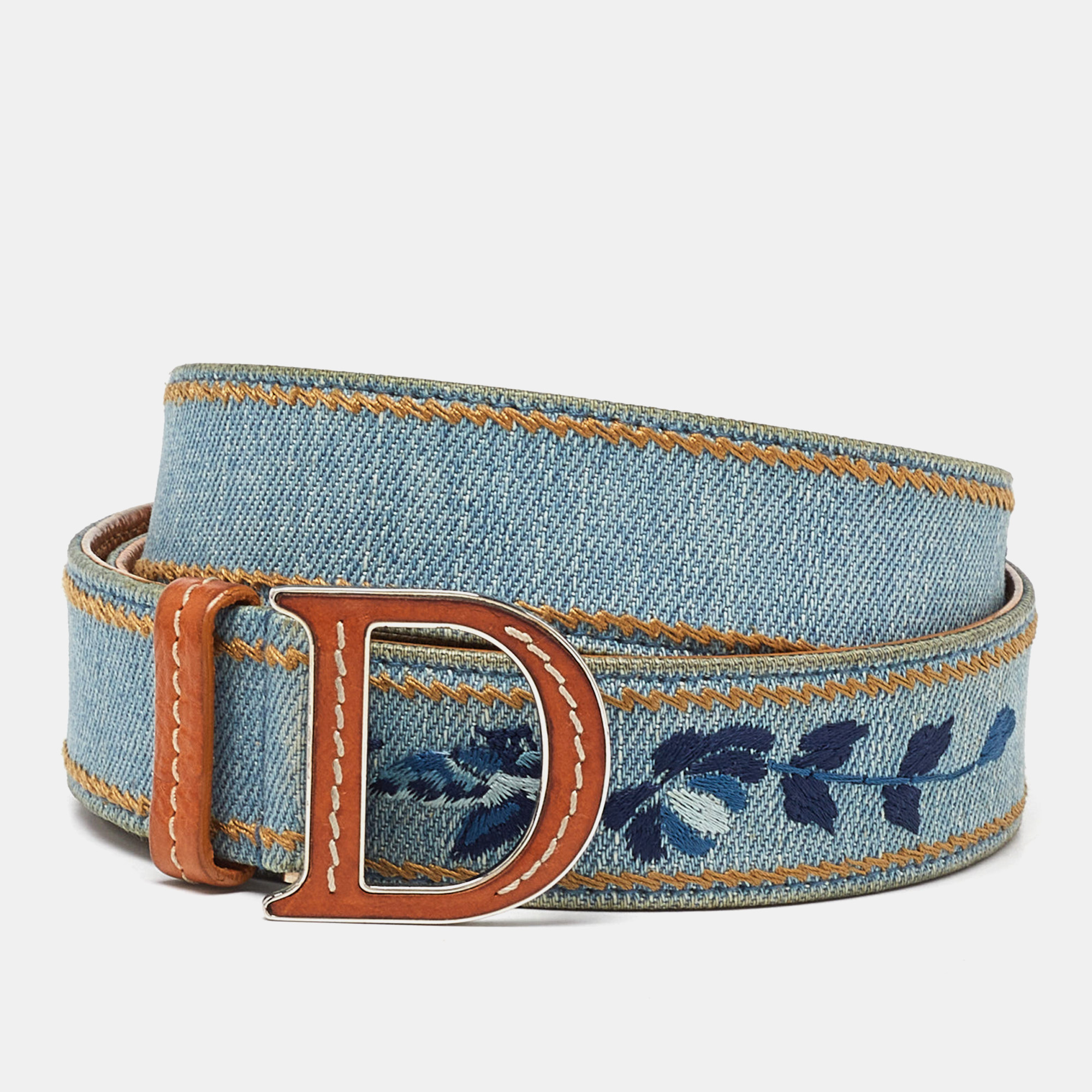 Dior blue embroidered denim buckle belt 95 cm