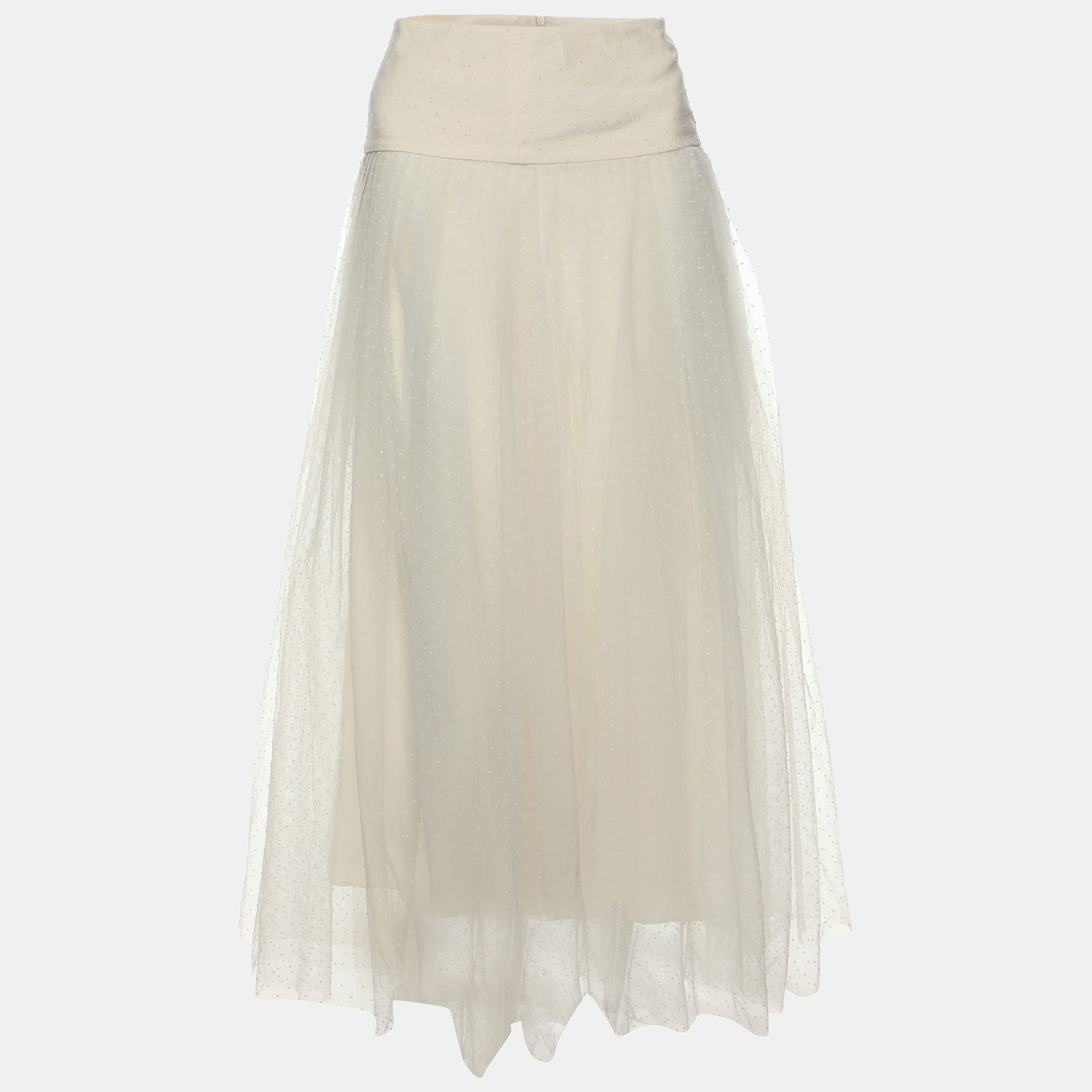 Dior Cream Textured Tulle Overlay Gathered Midi Skirt S
