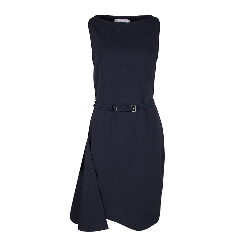Image of Dior Navy Blue Textured Sleeveless Belted Dress M