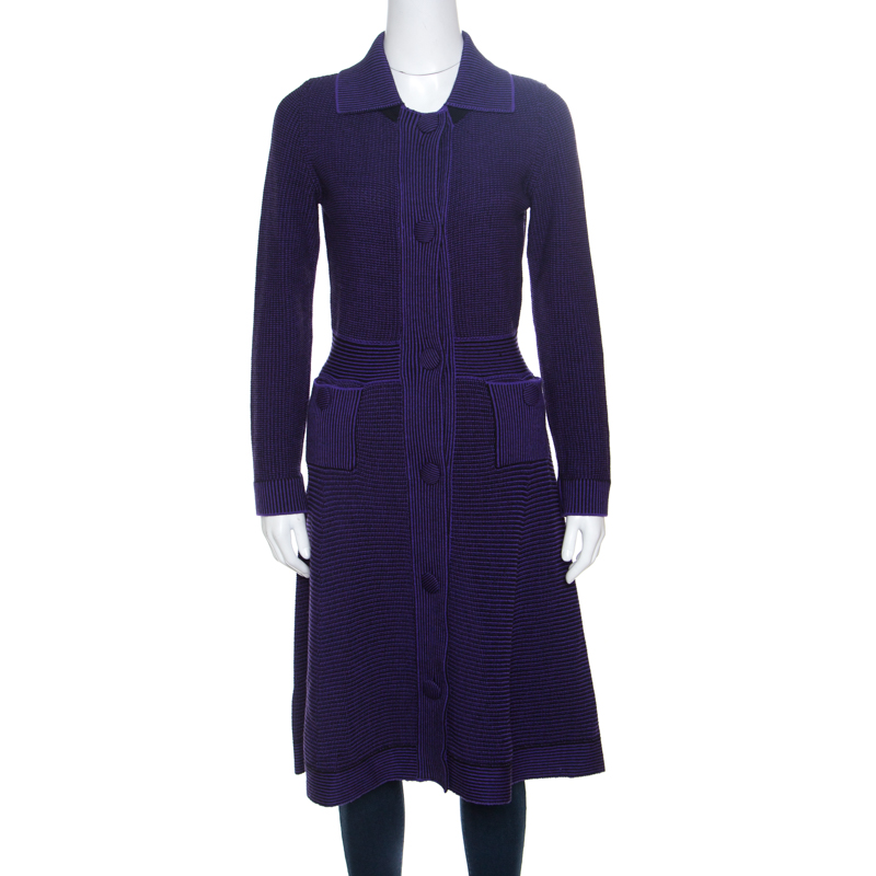 Image of Dior Purple and Black Chunky Knit Button Front Wool Coat M