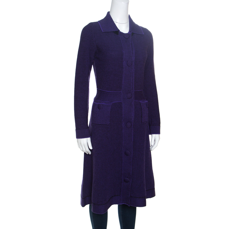 Dior Purple and Black Chunky Knit  Button Front Wool Coat M
