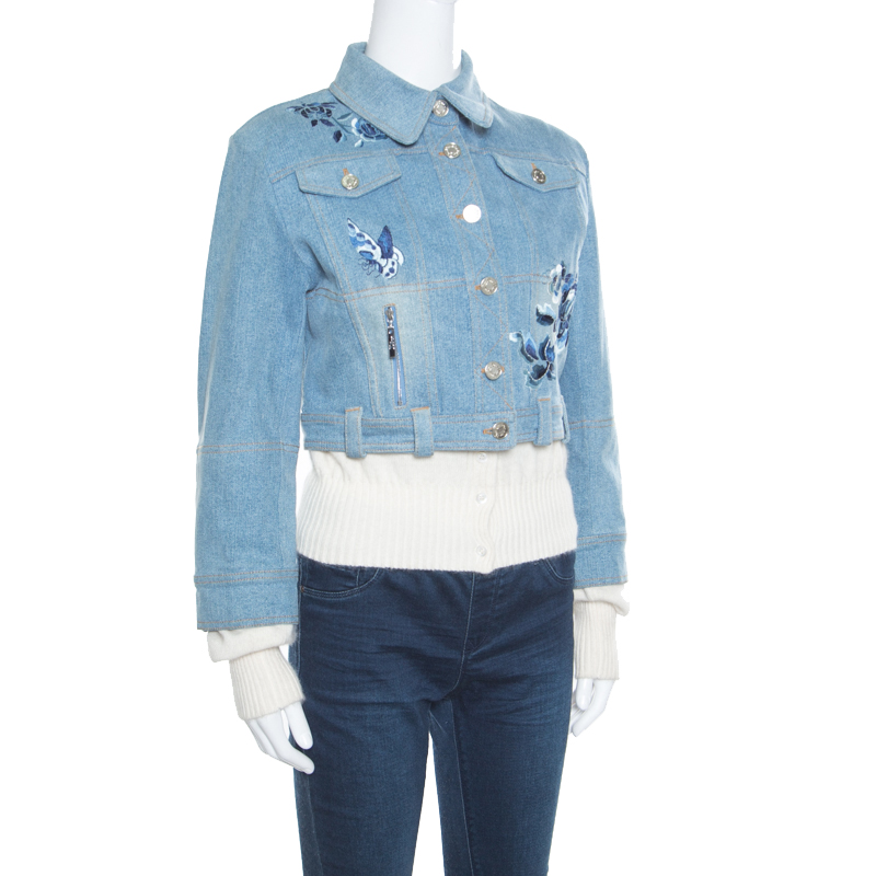 Dior Indigo Faded Effect Floral Embroidered Faux Layered Denim Jacket M
