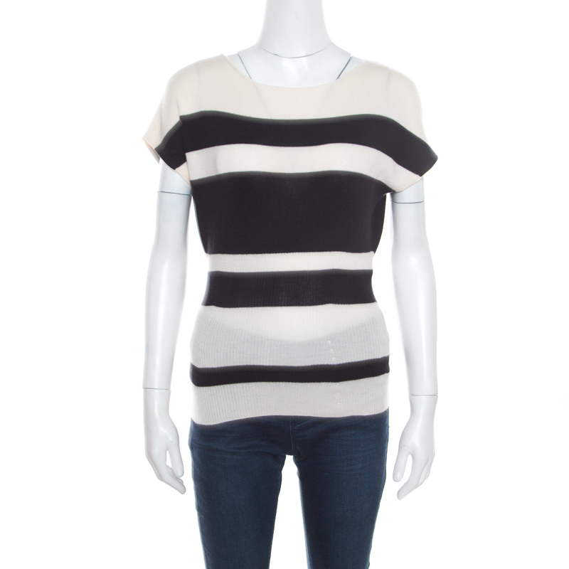 Image of Christian Dior Monochrome Striped Slit Back Detail Tapered Waist Sweater Top M