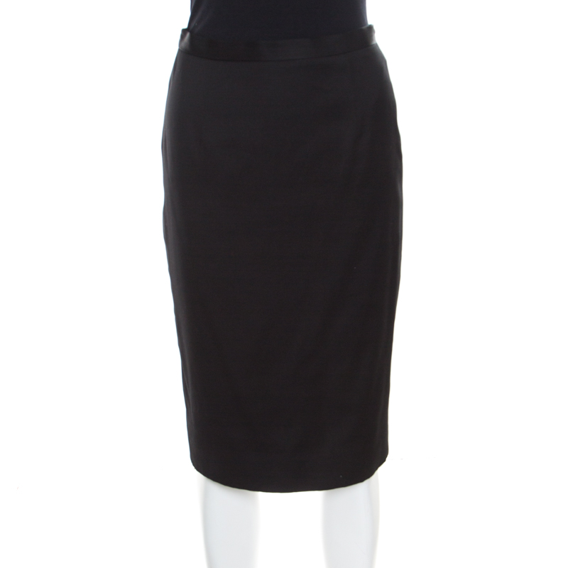 Christian dior black textured woven cotton pencil skirt m