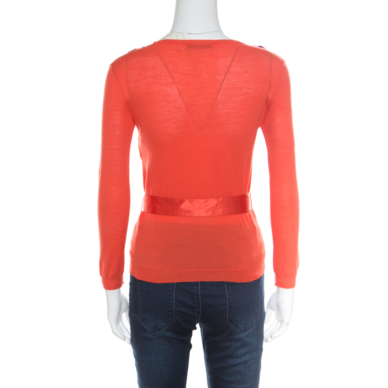 Dior Orange Wool And Silk Crochet Neck Detail Belted Sweater M