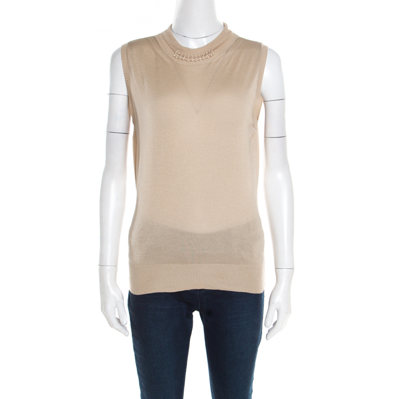 Image of Christian Dior Beige Silk and Merino Blend High Collar Sleeveless Beaded Top L