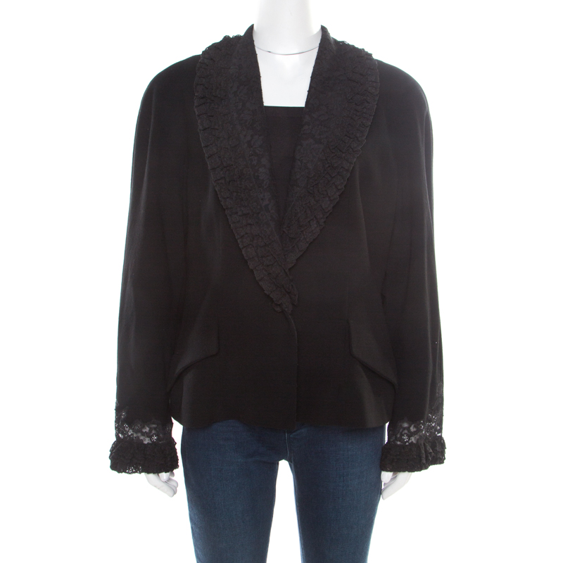 Dior boutique black wool ruffled lace collar and cuff detail jacket xl