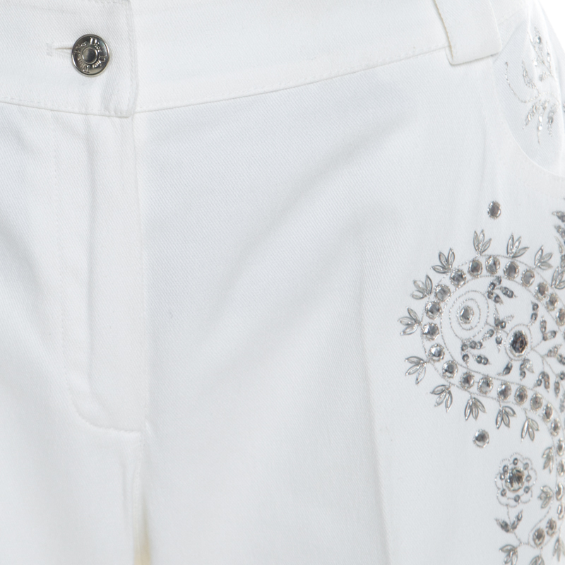 Dior White Cotton Paisley Sequin Embroidered Flared Jeans L