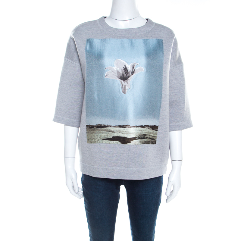 Image of Dior Grey Neoprene Floral Embroidered Short Sleeve Oversized Jumper S