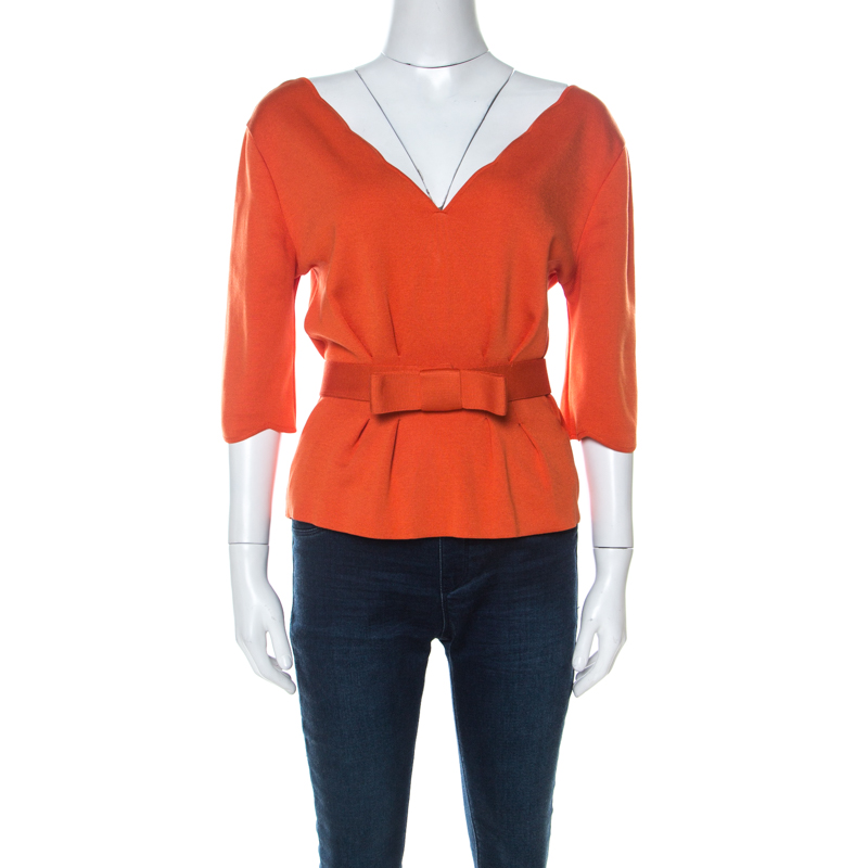 Image of Dior Burnt Orange Silk Blend Scallop Neckline Belted Peplum Top L