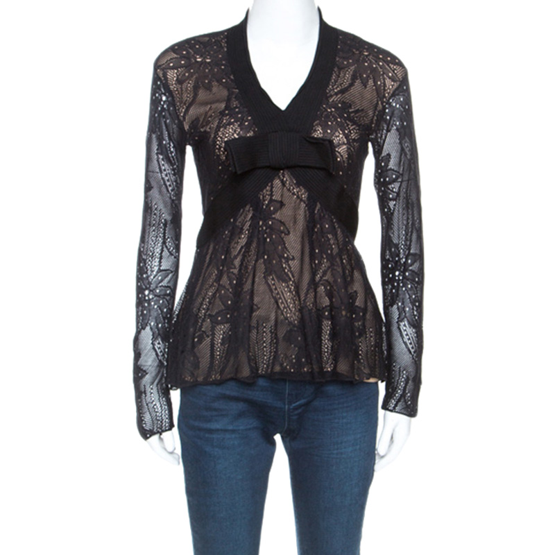 Image of Christian Dior Black Lace Rib Trim Long Sleeve Top M