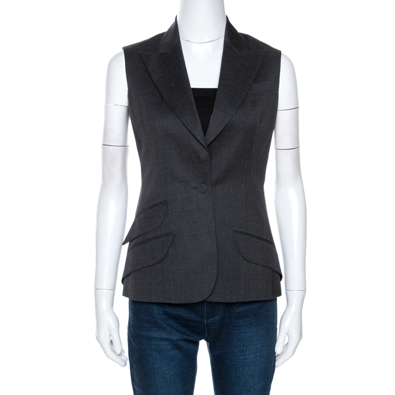 Image of Christian Dior Grey Wool Gabardine Single Button Sleeveless Blazer S