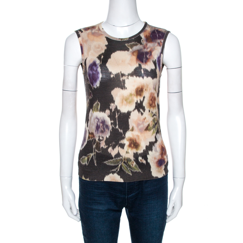 Image of Dior Multicolor Floral Print Wool Silk Knit Sleeveless Top M