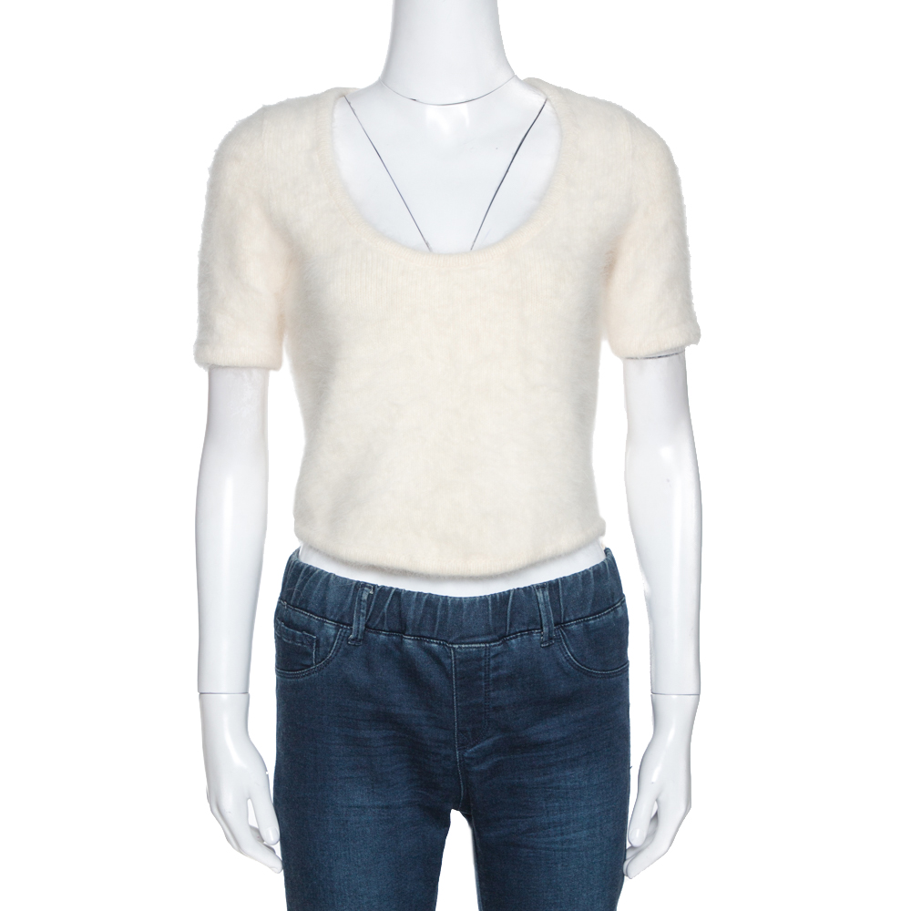 Christian Dior Boutique Cream Angora And Alpaca Wool Blend Fuzzy Crop Top L