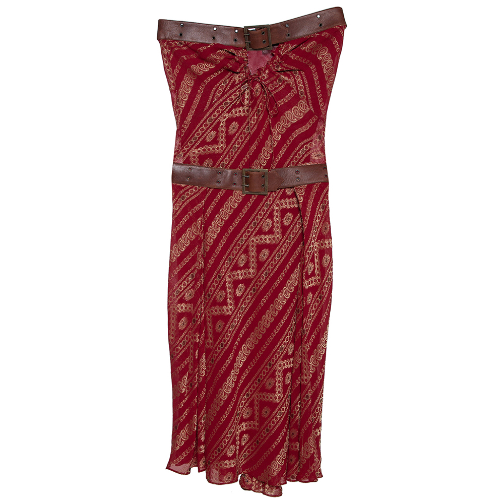 Image of Christian Dior Boutique Maroon Brocade Belted Strapless Dress S