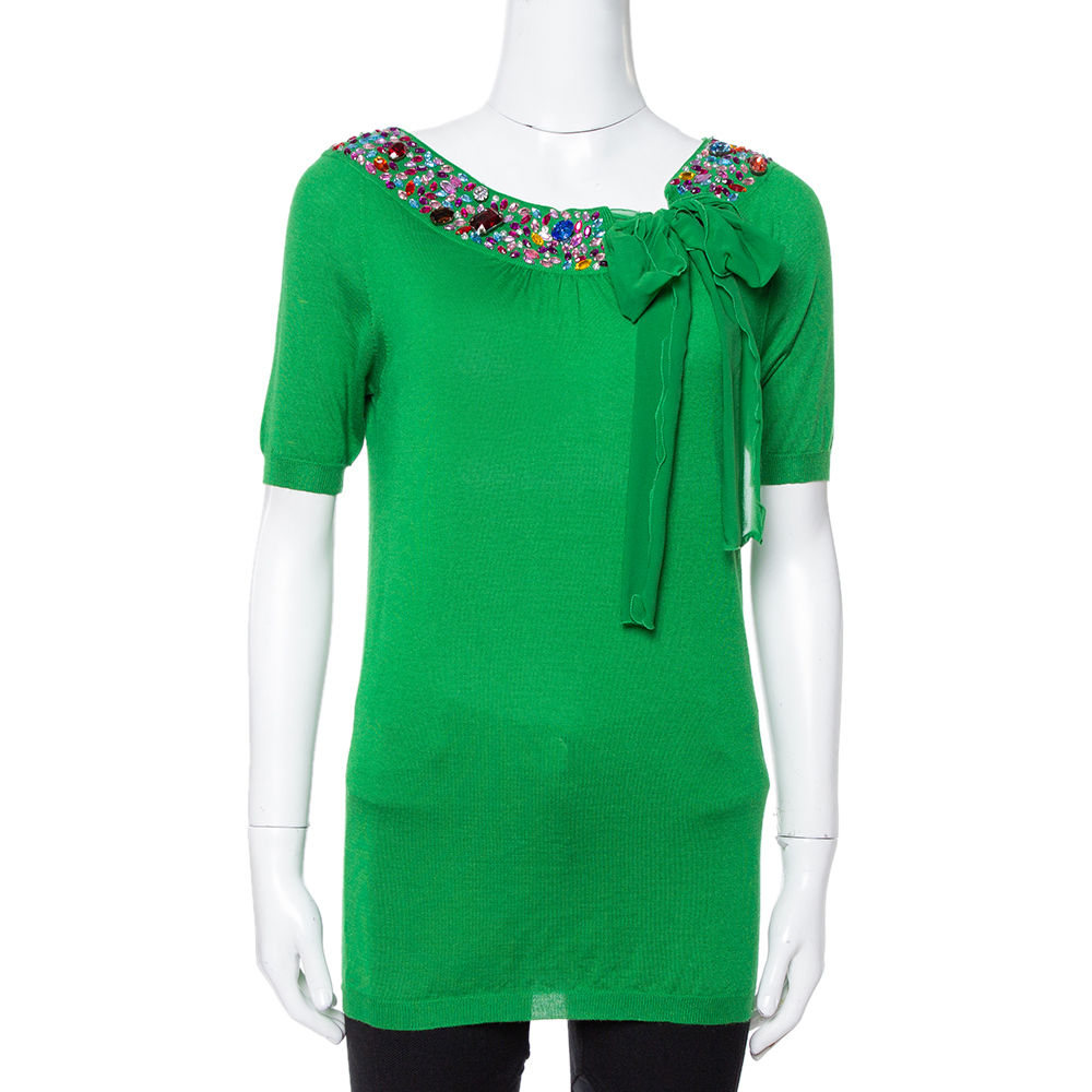 Dior Green Cashmere & Silk Knit Embellished Neck Top M