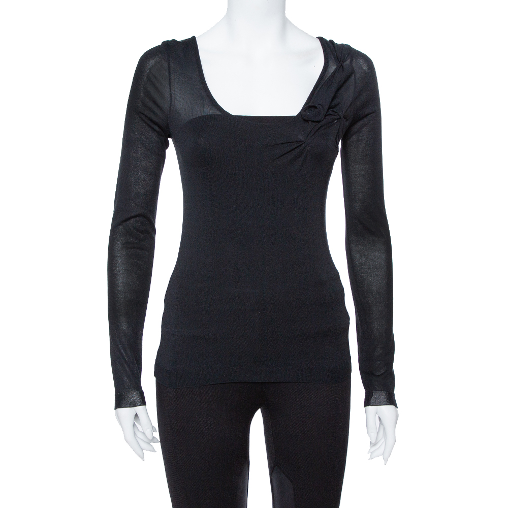 Image of Dior Black Cotton & Silk Floral Detail Long Sleeve Top S