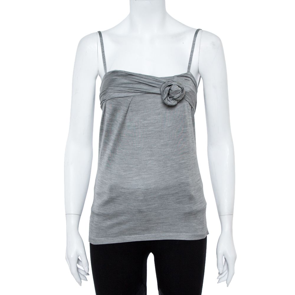Image of Dior Grey Silk Knit Floral Applique Detail Sleeveless Top S