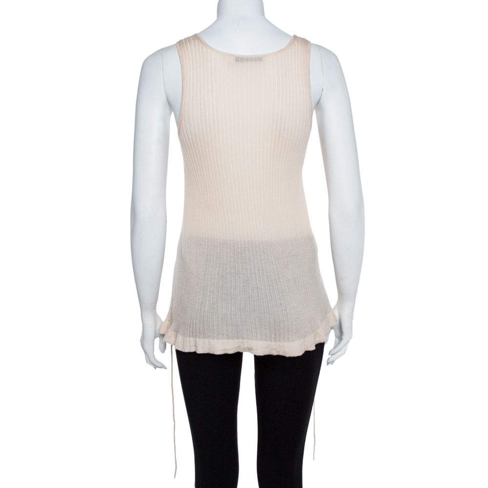 Christian Dior Beige Rib Knit Front Tie Detail Sleeveless Top S