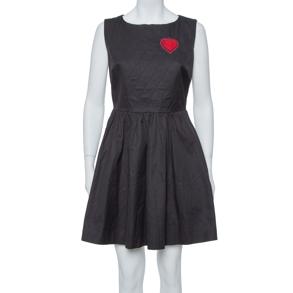 Image of Dior Black Gabardine Heart Embroidered A Line Dress M