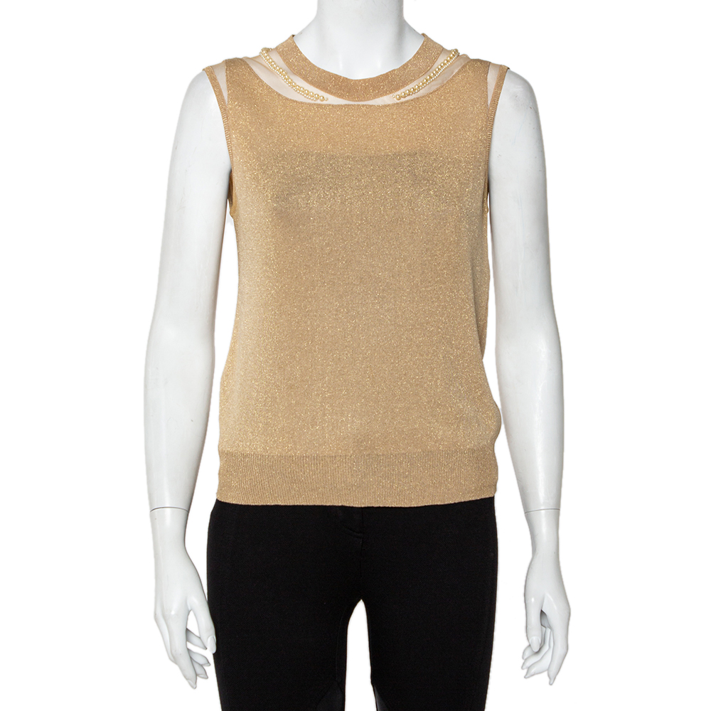 Christian Dior Gold Lurex Knit Bead Embellished Sleeveless Top L