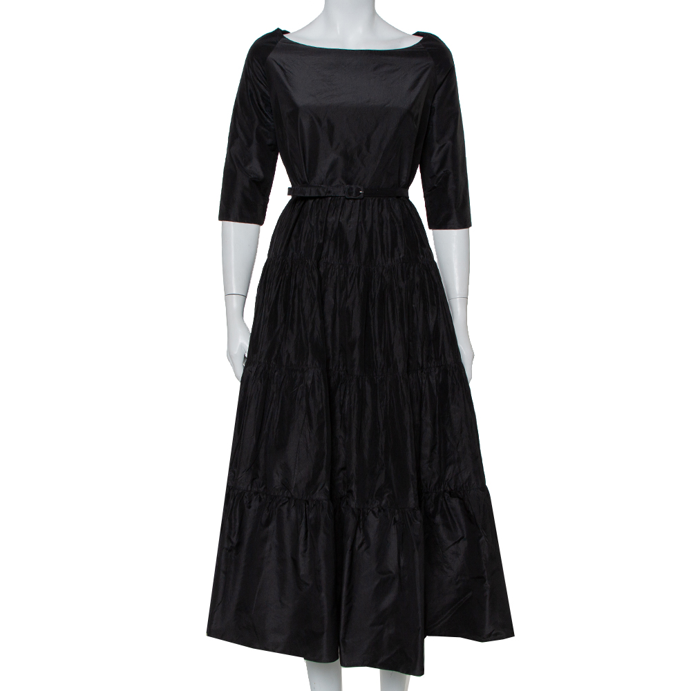 Christian Dior Black Silk Belted Tiered Maxi Dress L
