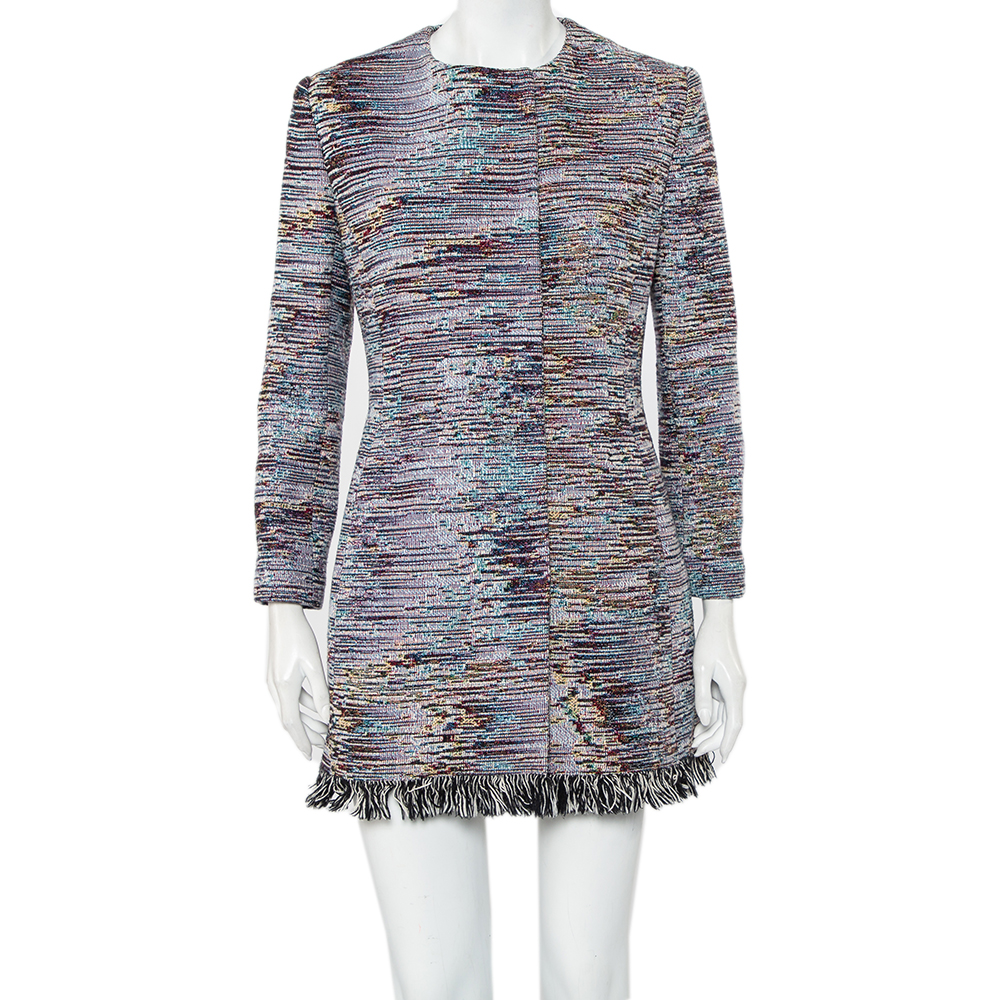 Christian Dior Multicolor Textured Cotton Frayed Hem Dress Coat M