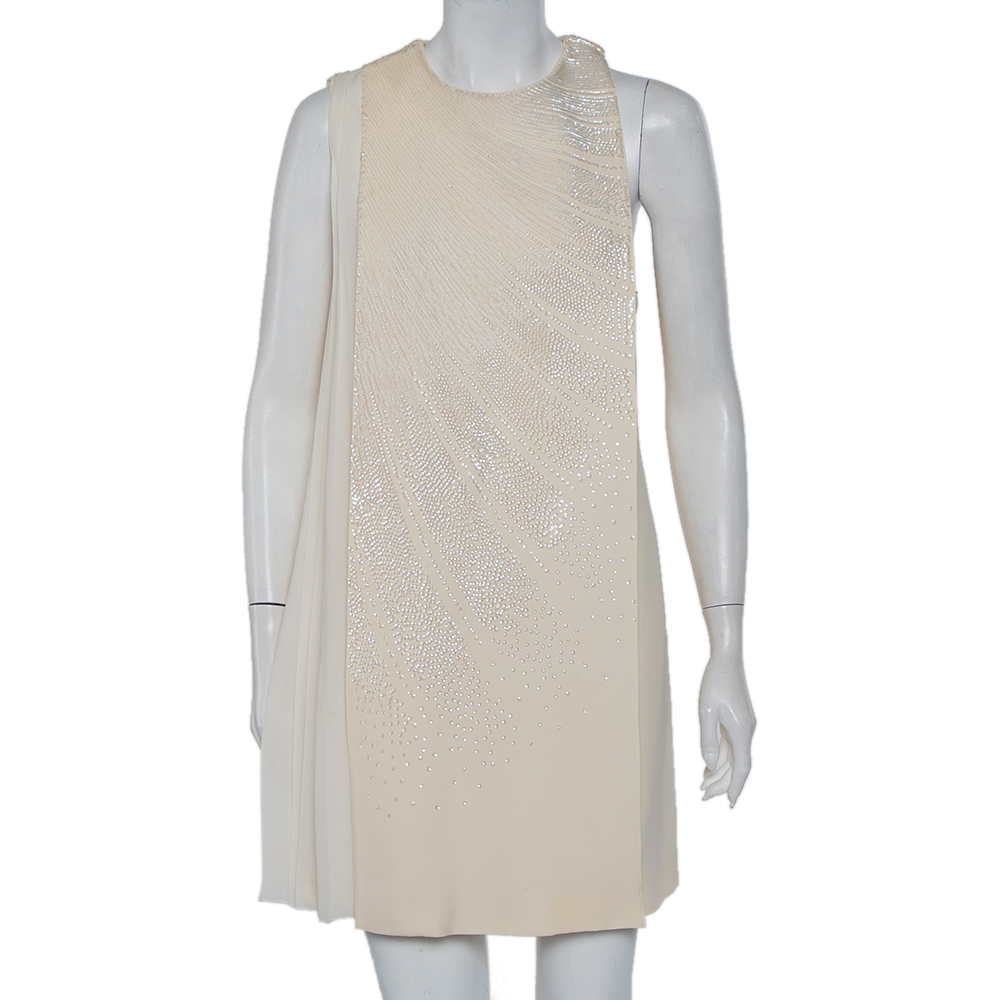 Christian dior cream wool & silk sequin embellished cape detail shift dress m