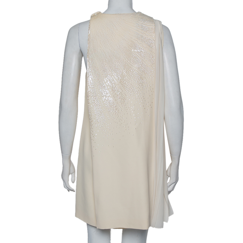 Christian Dior Cream Wool & Silk Sequin Embellished Cape Detail Shift Dress M