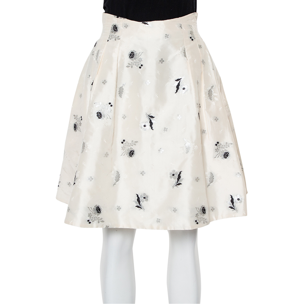 Christian Dior Cream Lurex Embroidered Silk Pleated Skirt S