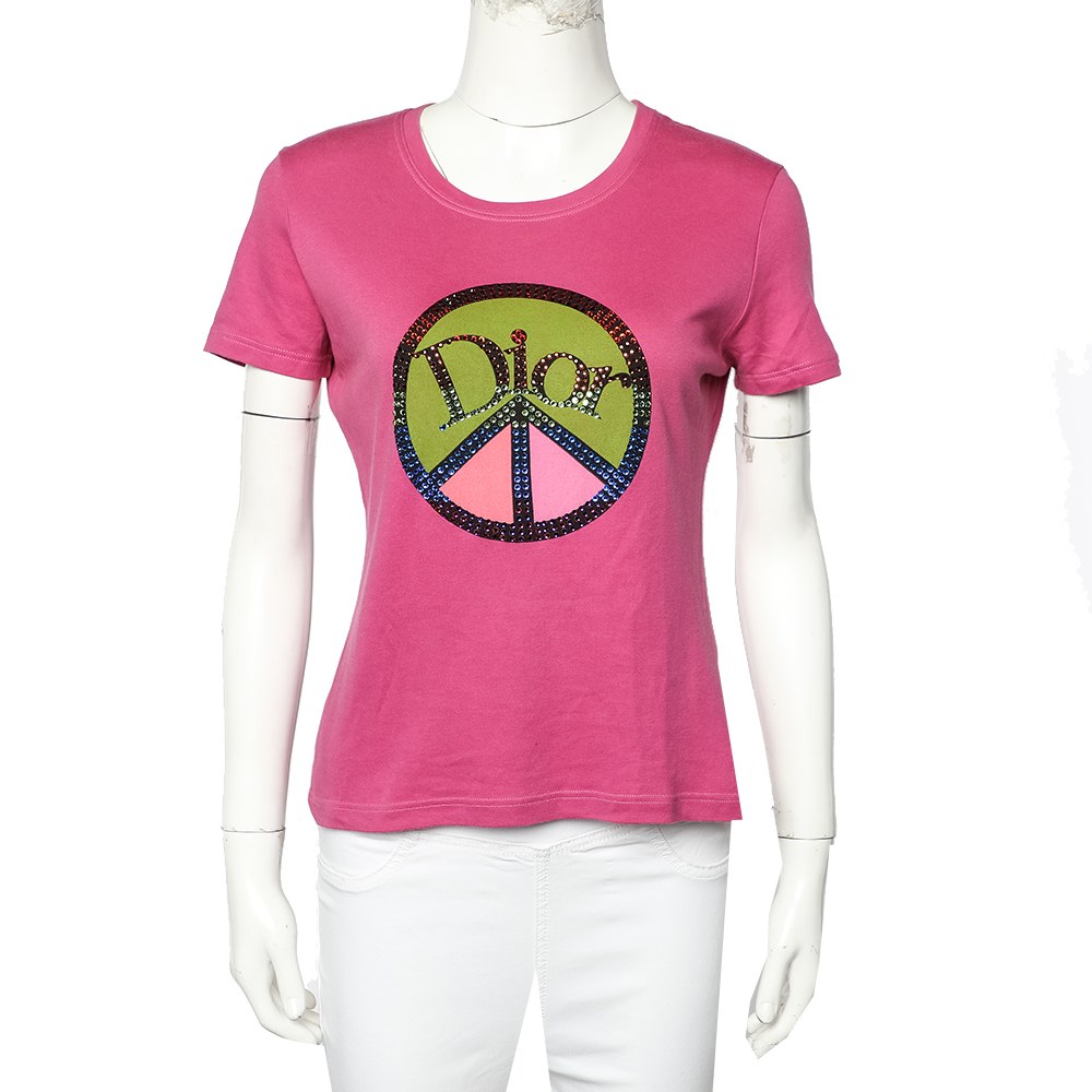 Christian Dior Boutique Pink Cotton Embellished Logo Roundneck T-Shirt L
