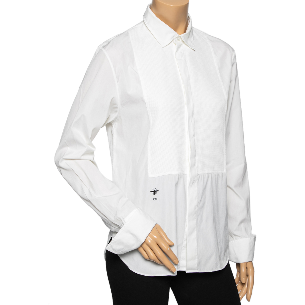 Dior Off White Cotton Pique Plastron Paneled Button Front Shirt M