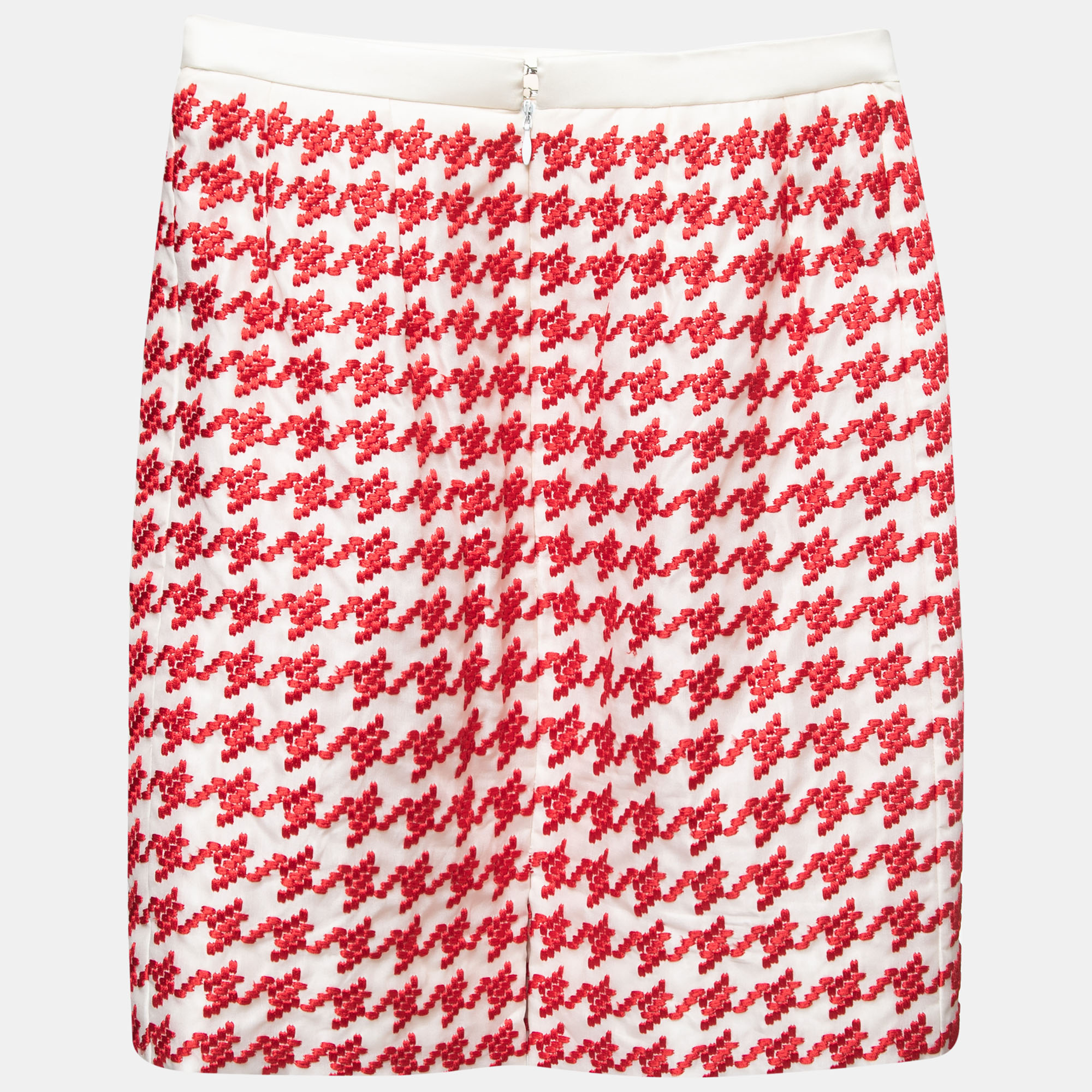 

Christian Dior Haute Couture Cream/Red Houndstooth Embroidered Silk Mini Skirt