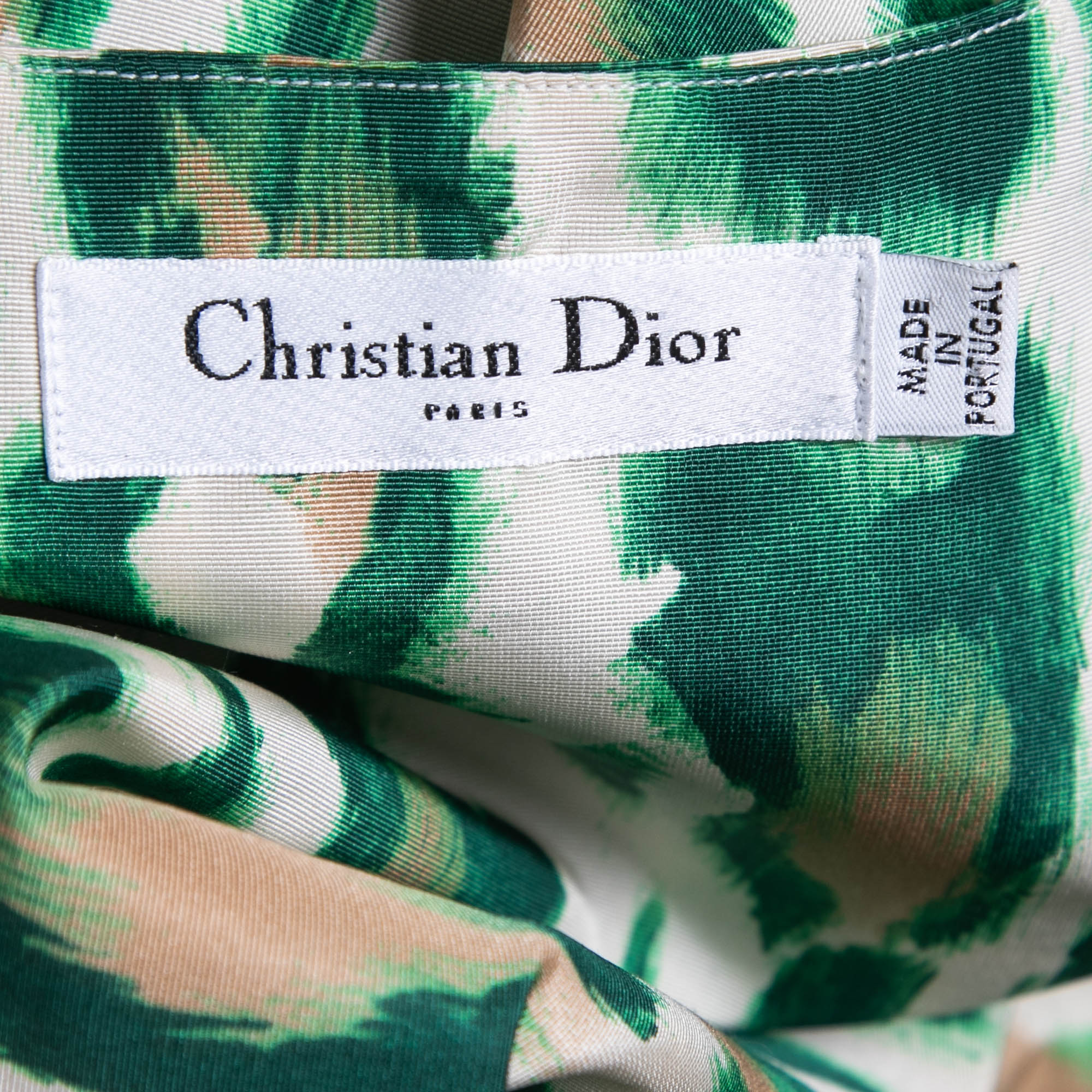Christian Dior Green Animal Print Silk Bow Detail Top M