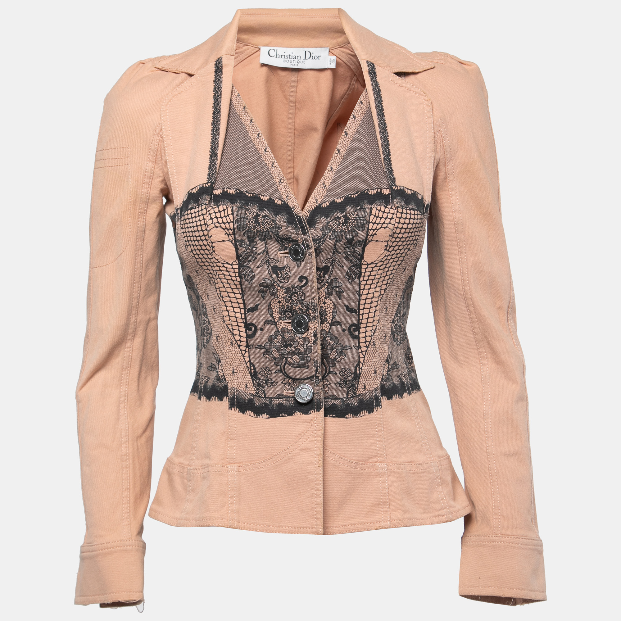 Christian Dior Boutique Pink Lace Printed Denim Jacket S