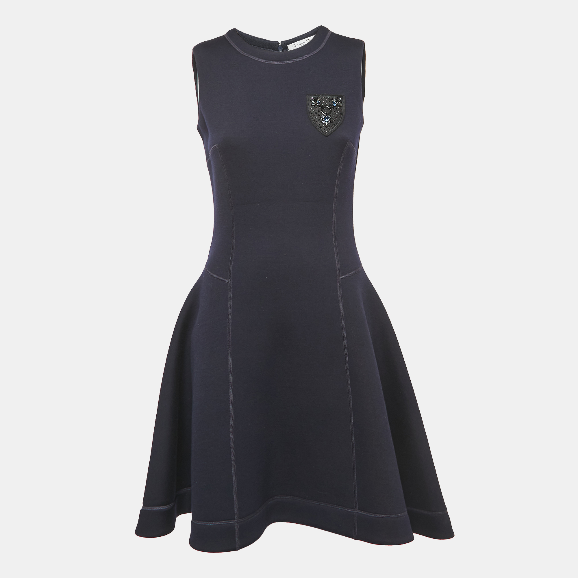 Christian Dior Navy Blue Wool-Blend Crest Detail Sleeveless Dress M